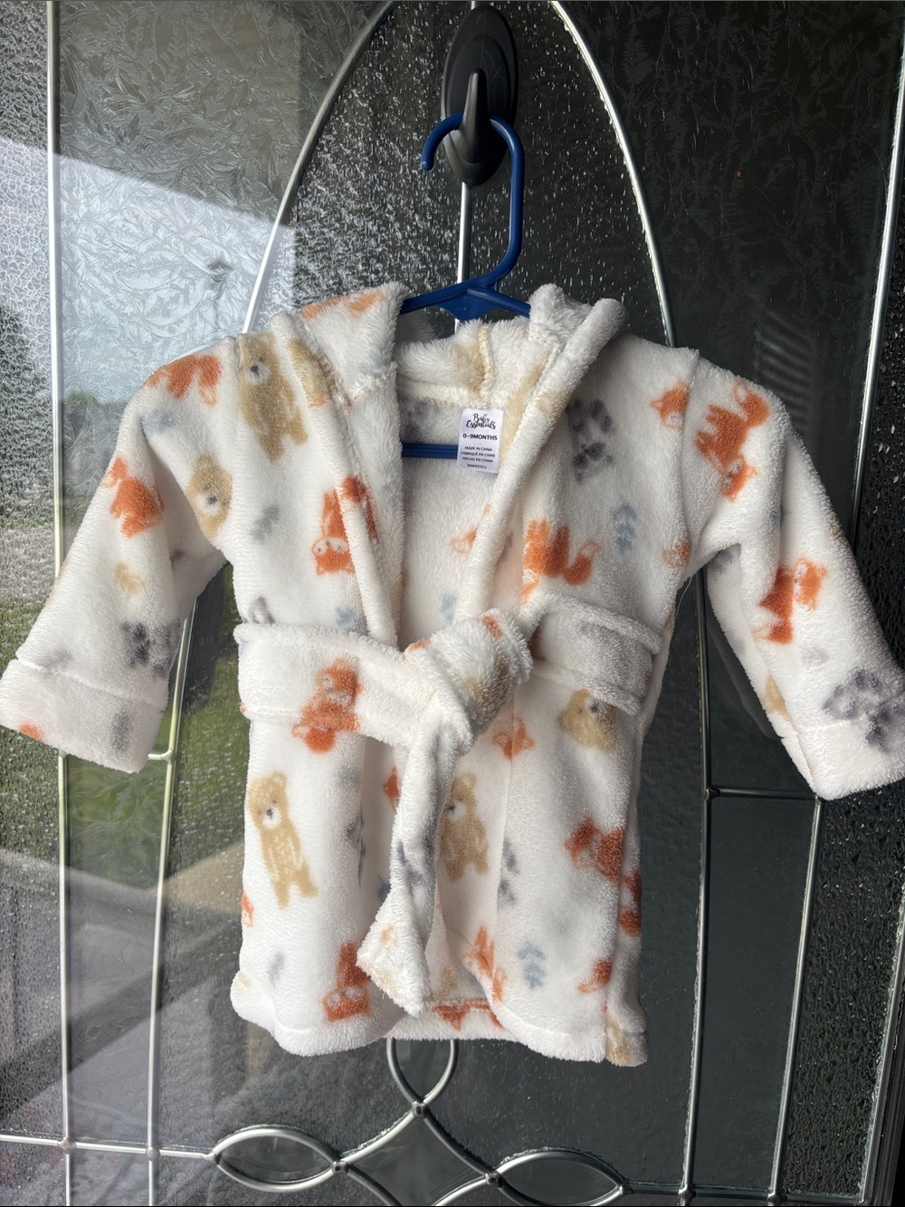 Baby Essentials 0-9mo Plush Hooded Baby Robe w/ Orange, Tan & Gray Puppy Prints